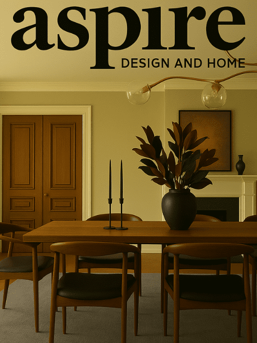 Cover of Aspire Design and Home magazine featuring a minimalist dining room with a wooden table, six chairs, black vase with foliage, two candles, and modern chandelier.